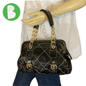 BERGE BLACK PATENT LEATHER QUILTED BAG WITH GOLD TONE CHAIN STRAPS